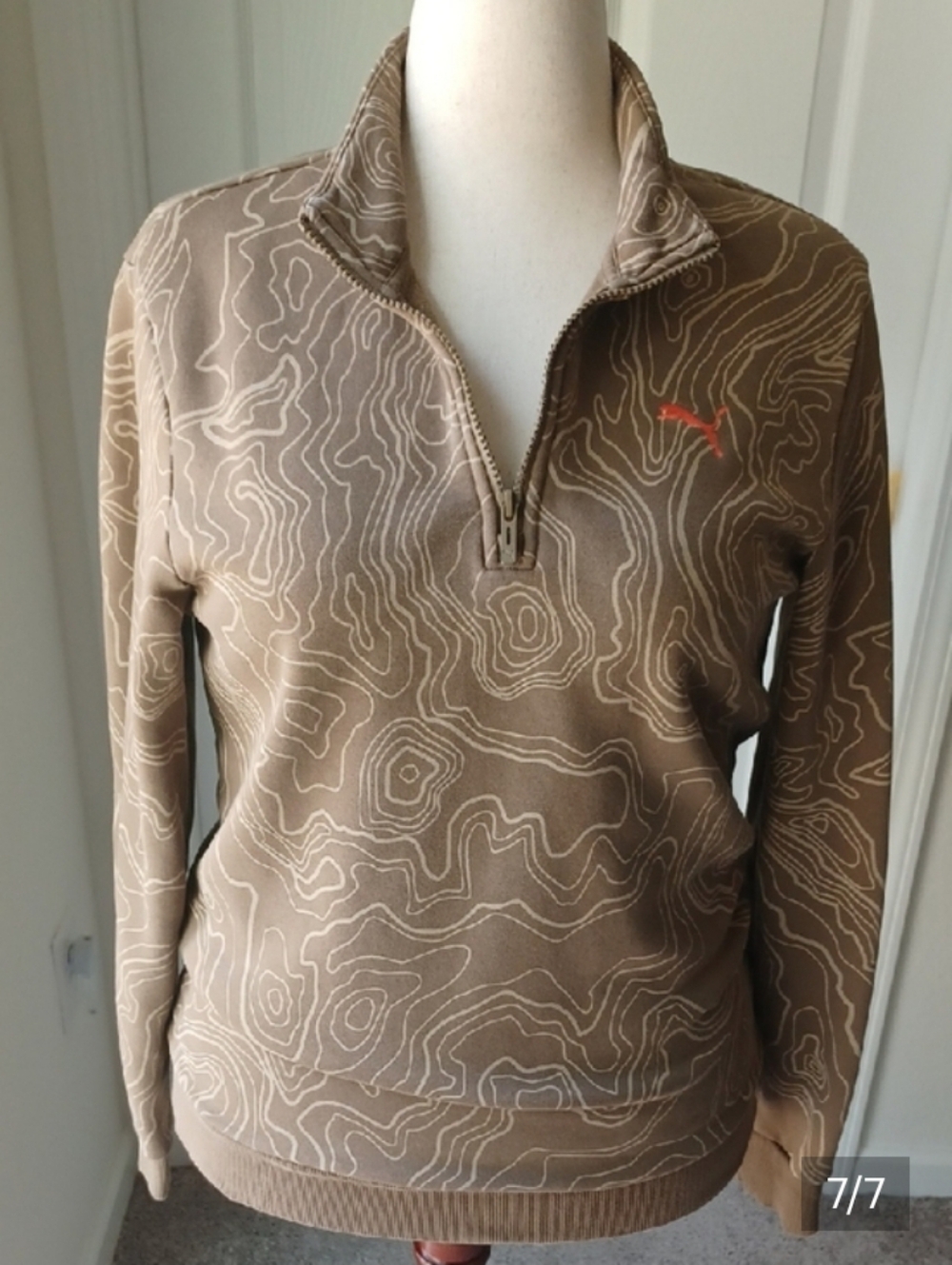 Puma Brown Topo-Contour Print Half-Zip Jacket with Orange Logo Medium
